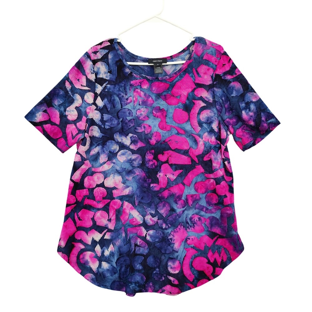 Karen Kane Women XL Abstract Artsy Fairy Short Sleeve Tunic Top Animal Blue Pink